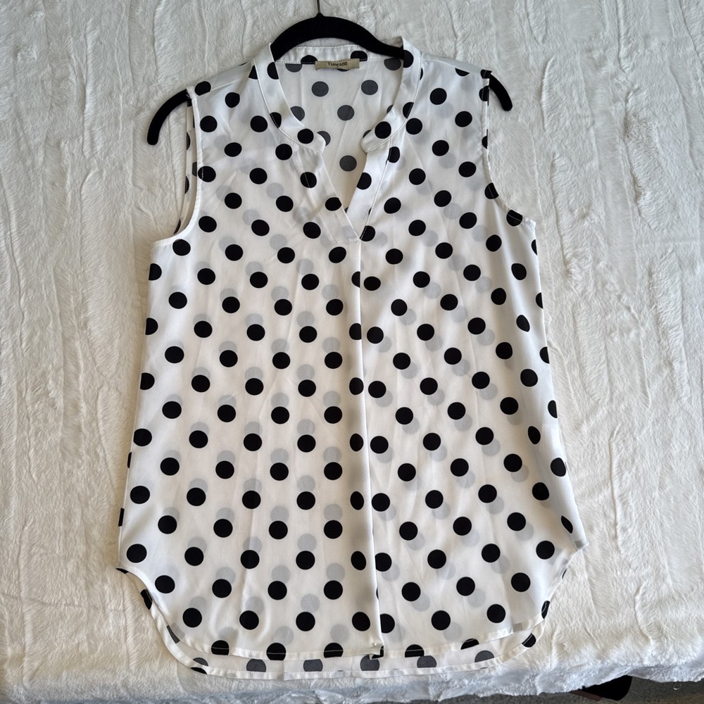 Timeson Black & White Polka Dot Sleeveless Top S Classic, Collegiate, Workwear